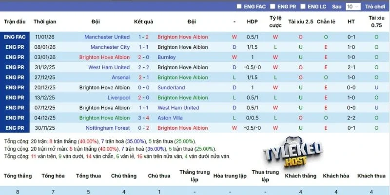 Tổng hợp kết quả các trận gần nhất Brighton góp mặt