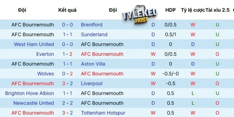Thành tích ra sân của Bournemouth 